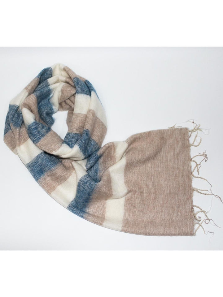 Handwoven yak wool maxi scarf - beige with blue
