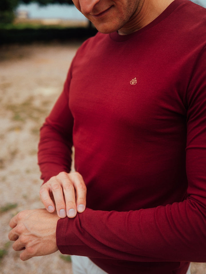 Teide pánské tričko s dlouhým rukávem z biobavlny s kulatým výstřihem vínové detail rukávu